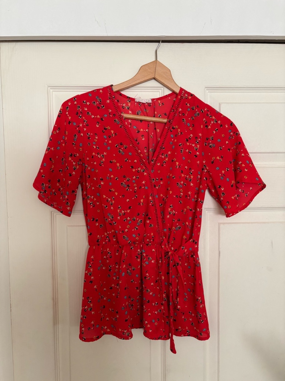 Sienna Sky Red Floral V-Neck Tie-Waist Peplum Top